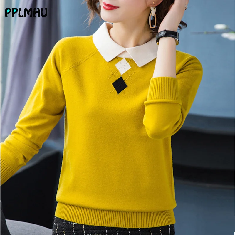Модные женские свитера с отложным воротником, тонкие вязаные свитера, Элегантные теплые женские пуловеры с длинным рукавом, топ в корейском стиле пэчворк. 0