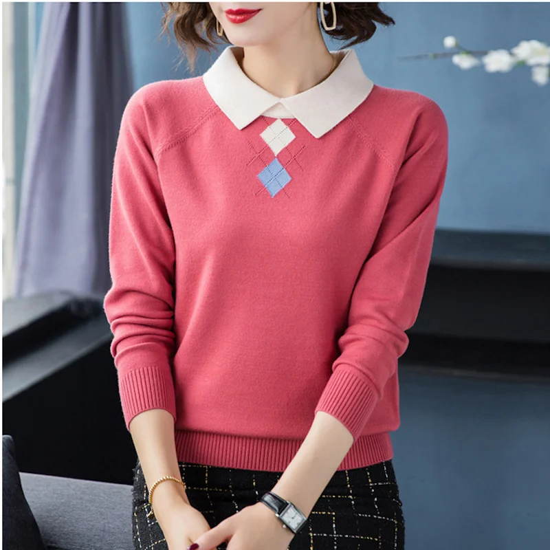 Модные женские свитера с отложным воротником, тонкие вязаные свитера, Элегантные теплые женские пуловеры с длинным рукавом, топ в корейском стиле пэчворк. 1