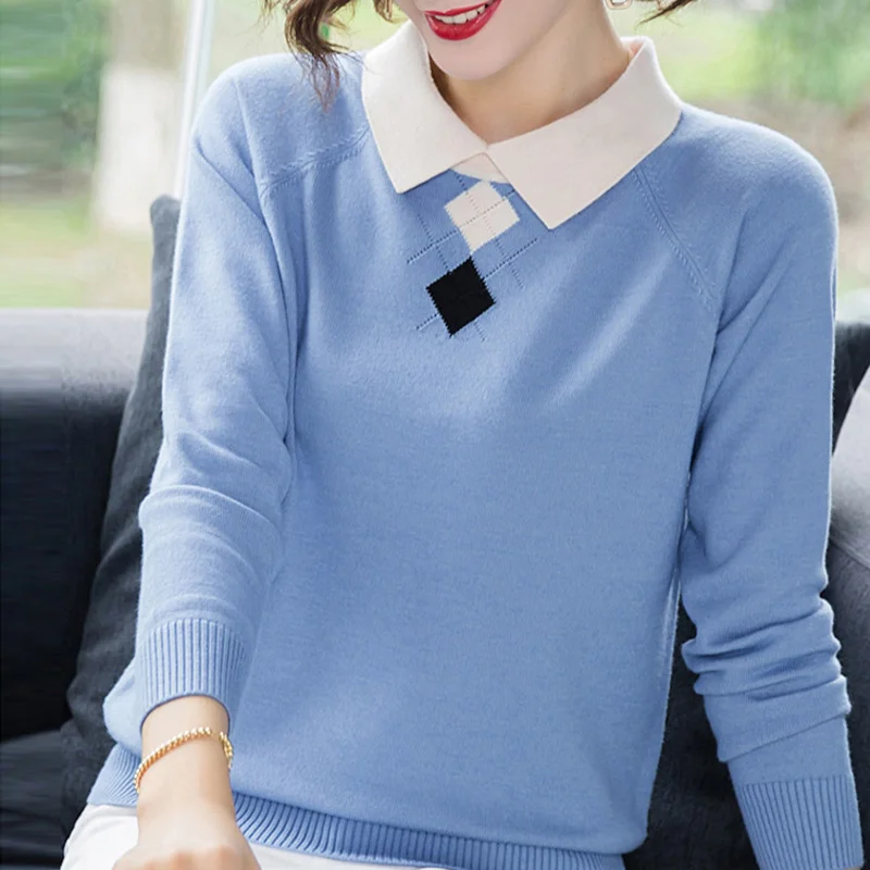 Модные женские свитера с отложным воротником, тонкие вязаные свитера, Элегантные теплые женские пуловеры с длинным рукавом, топ в корейском стиле пэчворк. 3