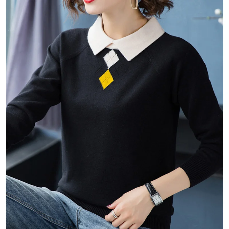 Модные женские свитера с отложным воротником, тонкие вязаные свитера, Элегантные теплые женские пуловеры с длинным рукавом, топ в корейском стиле пэчворк. 4