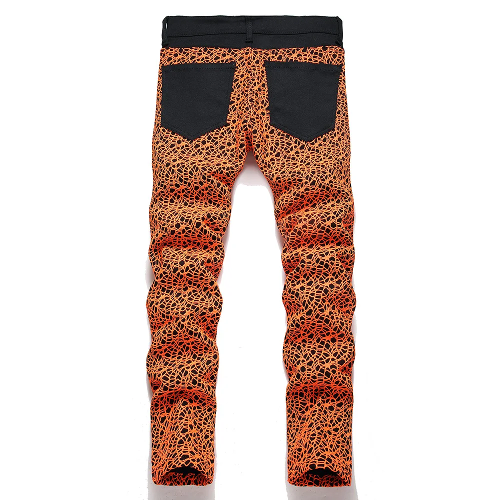 Мужские джинсы из эластичного денима с вышивкой буквами, Оранжевые узкие прямые брюки с паутиной, брюки уличной одежды Y2K 1