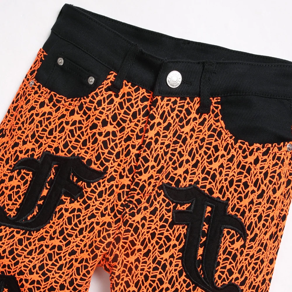 Мужские джинсы из эластичного денима с вышивкой буквами, Оранжевые узкие прямые брюки с паутиной, брюки уличной одежды Y2K 2