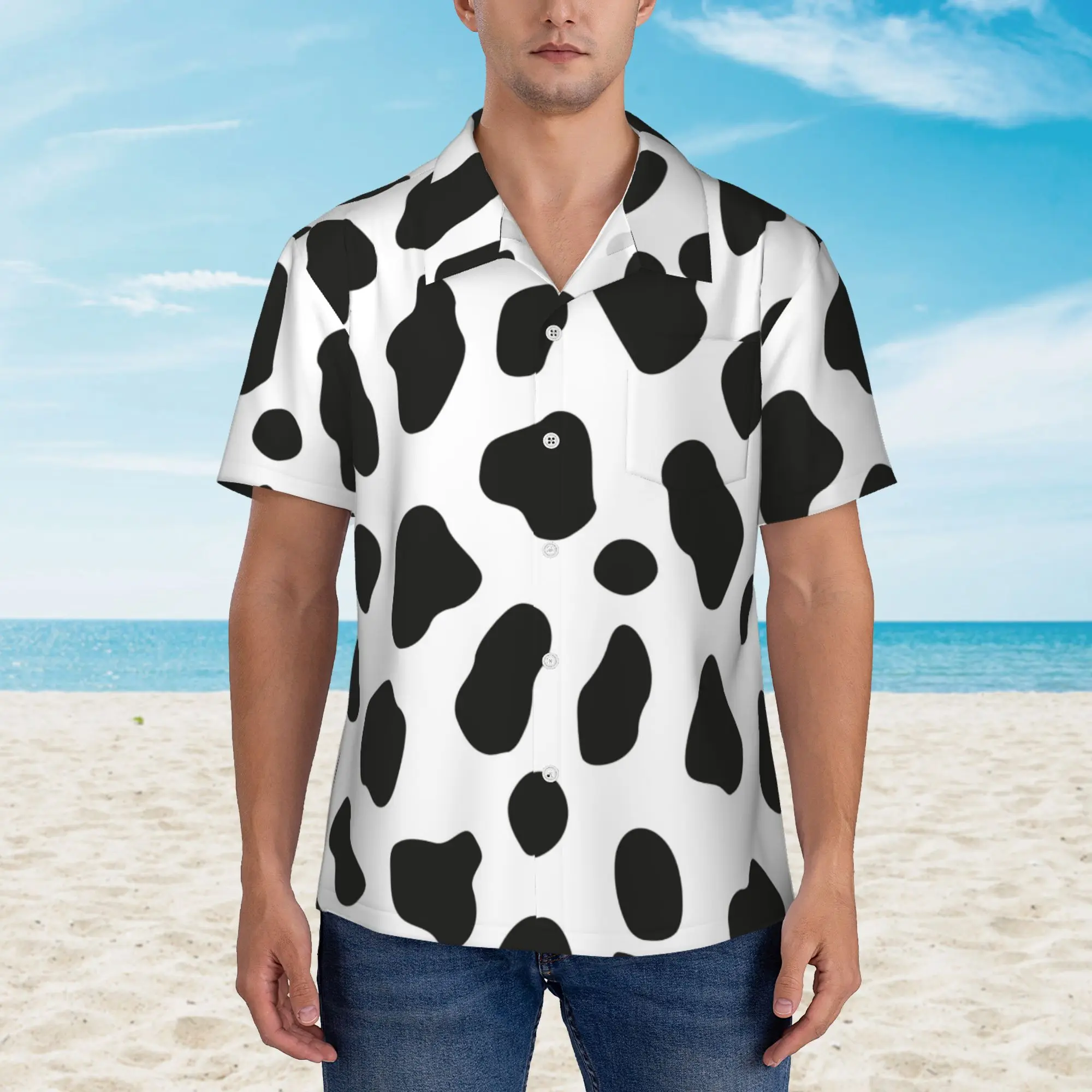 Мужские повседневные гавайские рубашки из коровьей кожи, пляжные рубашки на пуговицах с коротким рукавом, рубашки с тропическим цветочным рисунком 3