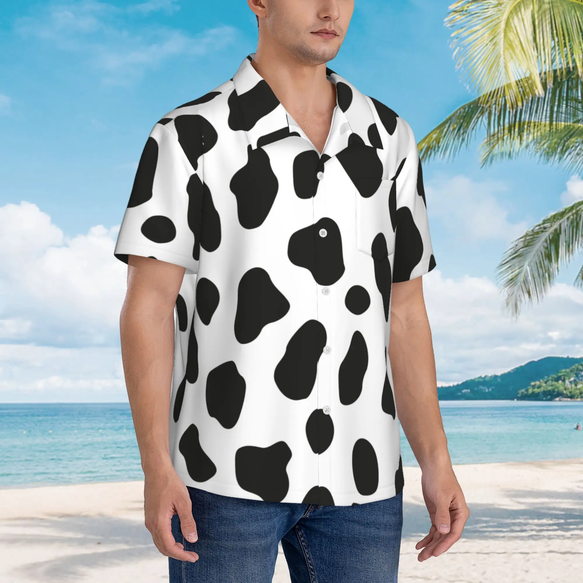 Мужские повседневные гавайские рубашки из коровьей кожи, пляжные рубашки на пуговицах с коротким рукавом, рубашки с тропическим цветочным рисунком 4