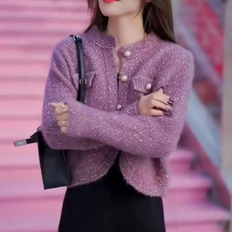 Новый кардиган для женщин, короткий вязаный свитер, куртка с длинным рукавом и круглым вырезом, жемчужные пуговицы, шикарные топы, женская осенняя одежда в корейском стиле 2023 4