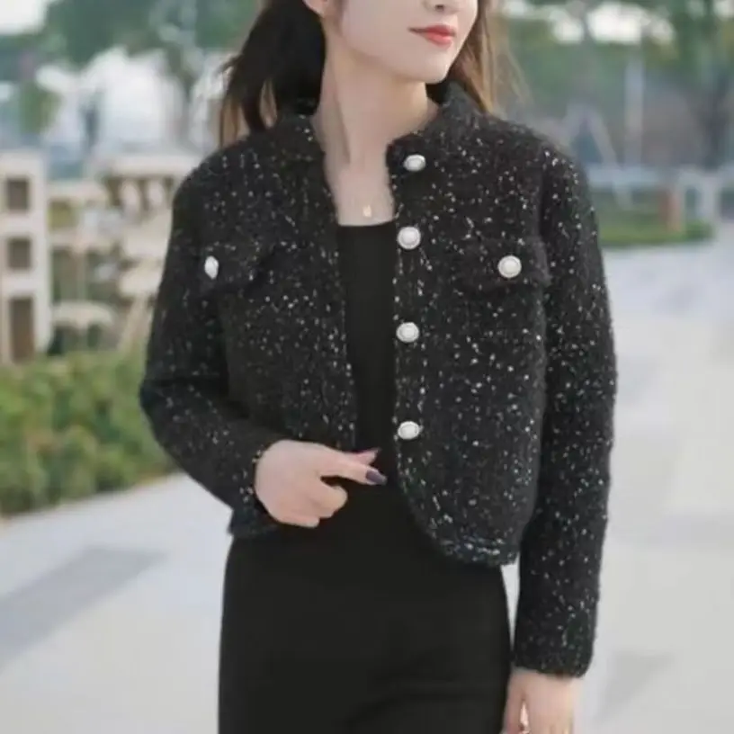 Новый кардиган для женщин, короткий вязаный свитер, куртка с длинным рукавом и круглым вырезом, жемчужные пуговицы, шикарные топы, женская осенняя одежда в корейском стиле 2023 5