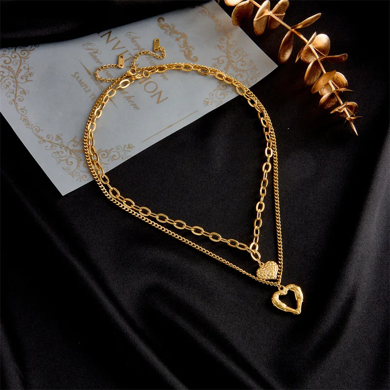 Ожерелье с нерегулярными складками из нержавеющей стали, 2 сердечка, ожерелье любви для женщин, очаровательные аксессуары для вечеринок, высококачественные модные подарки с подвесками 1