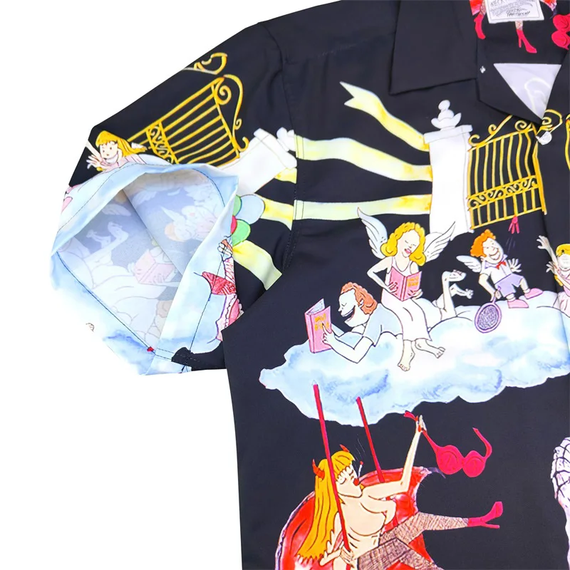 Осенне-летние Свободные гавайские рубашки WACKO MARIA большого размера с коротким рукавом высокого качества с принтом дьявола и Ангела 4