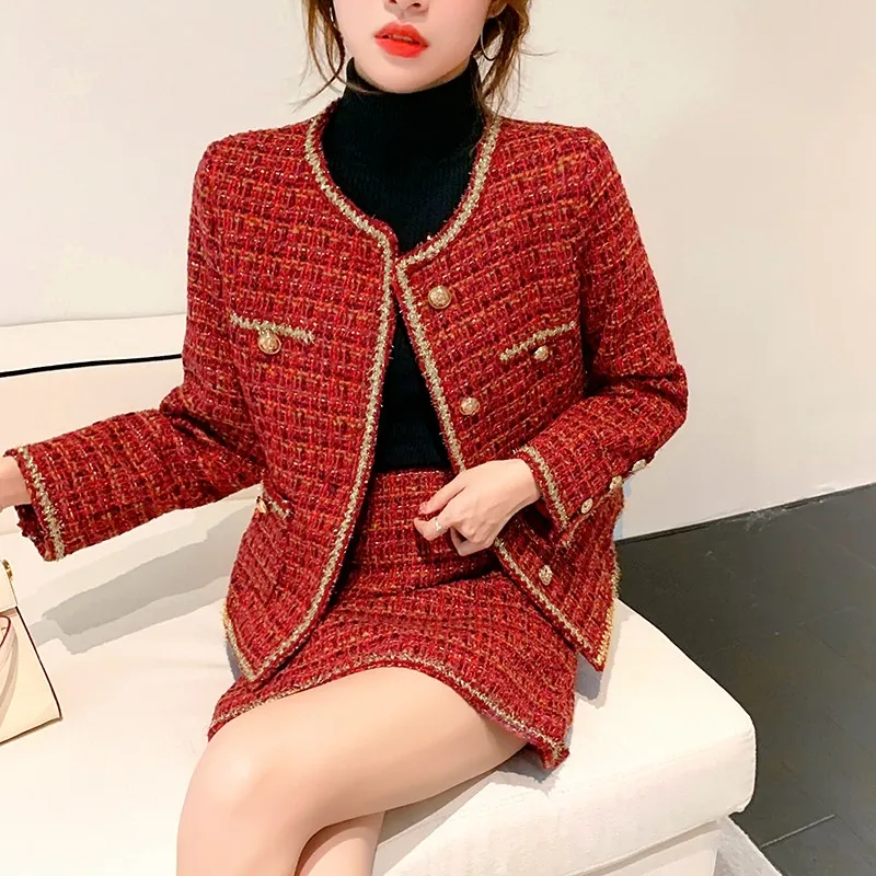 Осень-зима, женская короткая роскошная верхняя одежда из нежного красного твида, куртка, пальто + милая юбка с завышенной талией, комплект из двух предметов, костюм 4