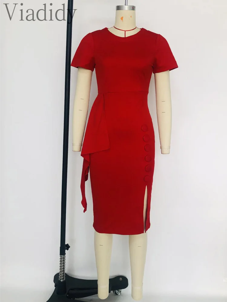Офисное женское однотонное рабочее платье с круглым вырезом и узкими пуговицами с коротким рукавом 4