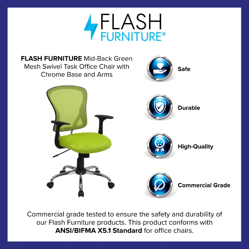 Офисное кресло Flash Furniture со средней спинкой, зеленое сетчатое поворотное рабочее кресло с хромированным основанием и подлокотниками, компьютерное кресло, офисная мебель 3
