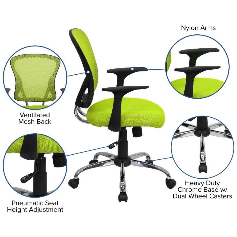 Офисное кресло Flash Furniture со средней спинкой, зеленое сетчатое поворотное рабочее кресло с хромированным основанием и подлокотниками, компьютерное кресло, офисная мебель 4