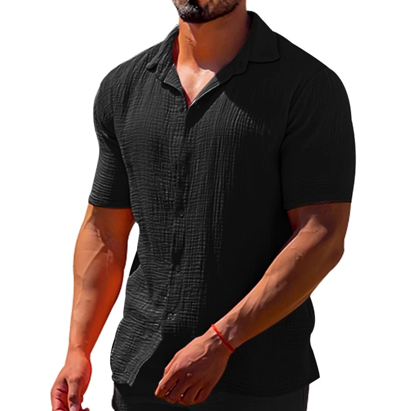 Повседневная однотонная хлопчатобумажная льняная рубашка Мужская одежда 2023 года, кардиган с коротким рукавом и пуговицами на лацканах, мужской топ на весну-лето, мужская уличная одежда 3