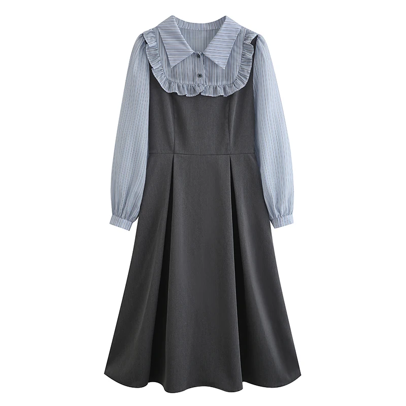 Поддельное платье в полоску из двух частей в стиле французского колледжа, Винтажное Женское платье с воротником-лацканами, Элегантное платье Миди для женской вечеринки Vestido 5