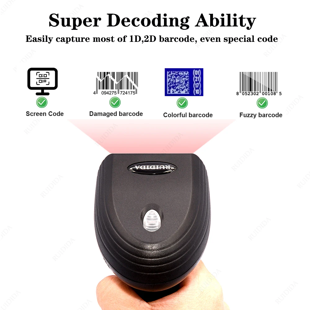 Портативный Bluetooth-сканер штрих-кода, портативный Bluetooth и беспроводной считыватель BT 1D 2D QR-кода PDF417 для розничного магазина 1