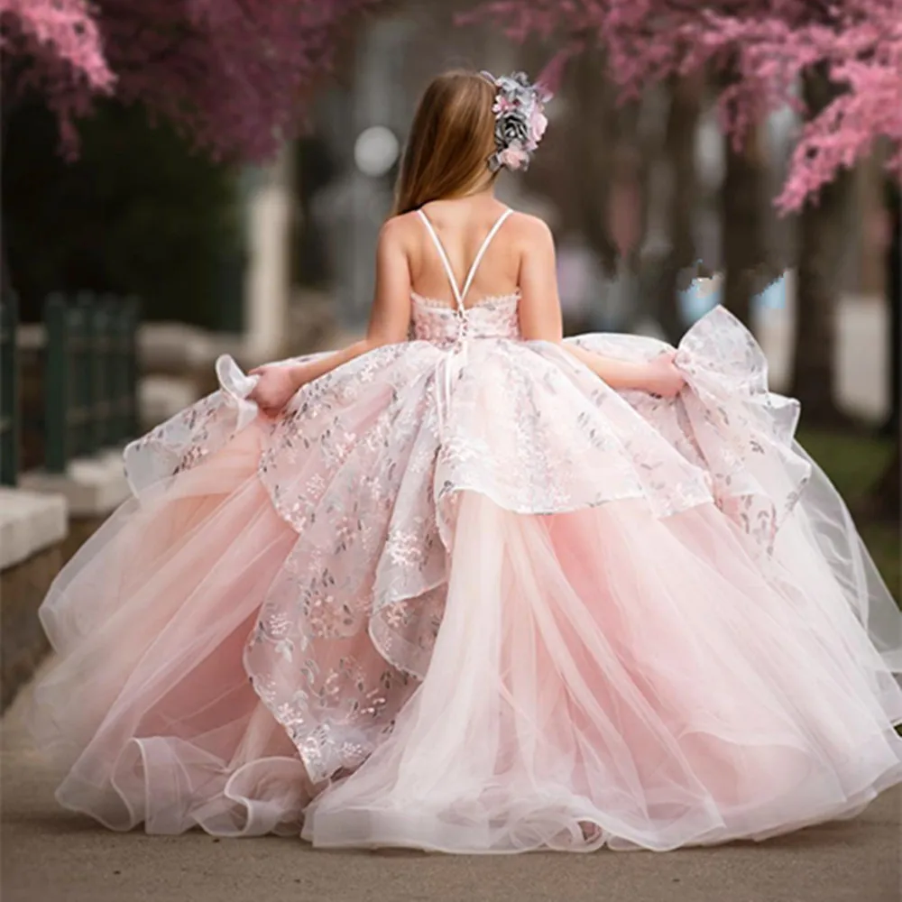 Розовое бальное платье с жемчугом, платья для девочек в цветочек, свадебные платья с оборками, многоуровневый вырез, праздничные платья на день рождения, платье для первого причастия 1