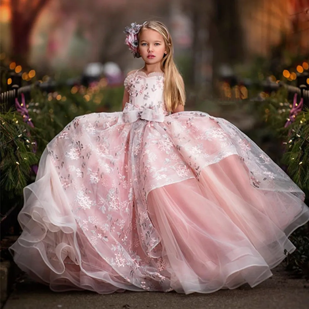 Розовое бальное платье с жемчугом, платья для девочек в цветочек, свадебные платья с оборками, многоуровневый вырез, праздничные платья на день рождения, платье для первого причастия 2