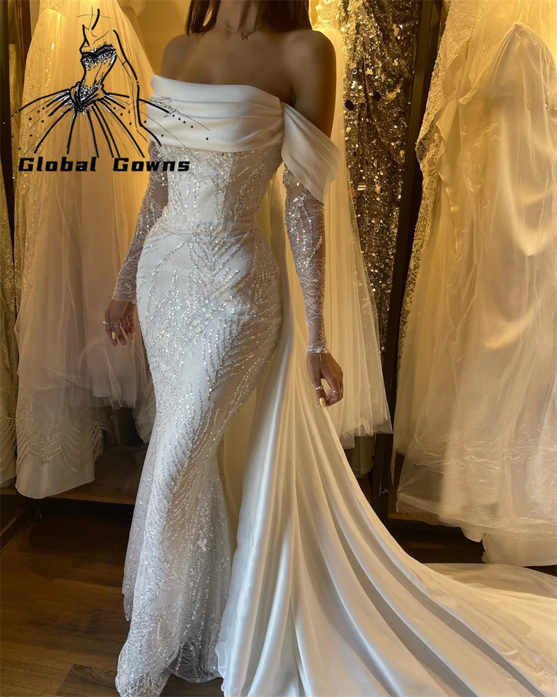 Роскошные Белые свадебные платья с открытыми плечами, расшитые бисером 2023, свадебное платье-русалка, вечернее платье с накидкой Robe De Mariee на заказ 0