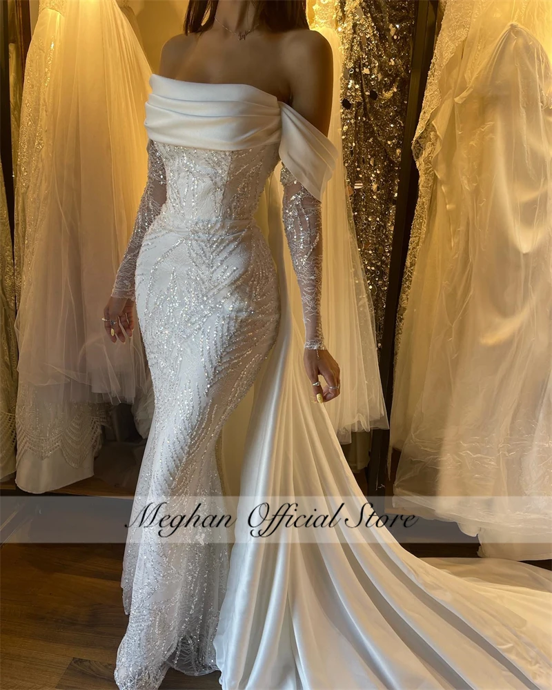Роскошные Белые свадебные платья с открытыми плечами, расшитые бисером 2023, свадебное платье-русалка, вечернее платье с накидкой Robe De Mariee на заказ 1