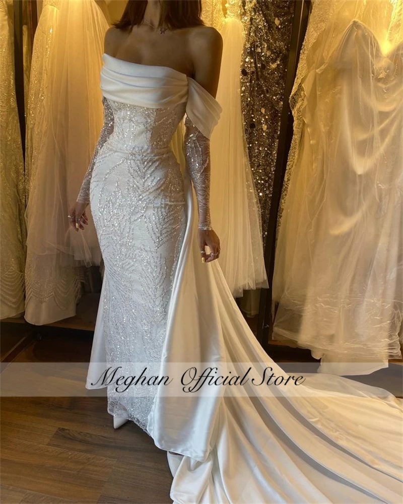 Роскошные Белые свадебные платья с открытыми плечами, расшитые бисером 2023, свадебное платье-русалка, вечернее платье с накидкой Robe De Mariee на заказ 3