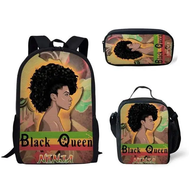 Рюкзак Africa Girl Black Queen с 3D принтом для учащихся начальной и средней школы, школьный ранец для девочек, сумка для ланча, пенал 3 шт./компл. 1