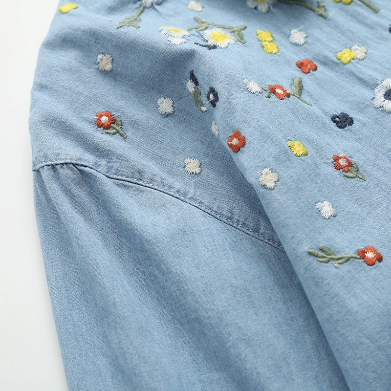 Свободная рубашка с цветочной вышивкой женская вышитая литературная джинсовая рубашка для женщин 4