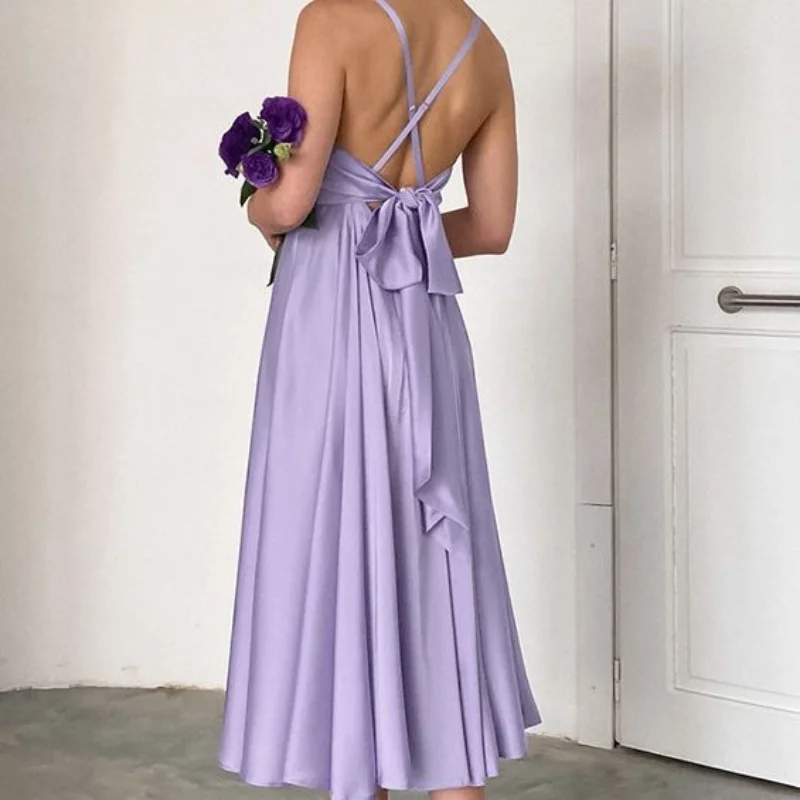 Сексуальное женское платье трапециевидной формы с V-образным вырезом и открытой спиной, на бретельках, сзади, с перекрестным галстуком-бабочкой, Модное вечернее платье для женщин, новинка 2023 года 3