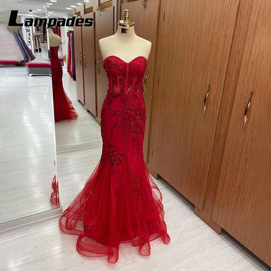 Сияющее Красное платье для выпускного вечера в стиле Русалки с 3D Вышитыми Цветами на бретельках сзади для Эффектного выхода Abiti Da Sera 0