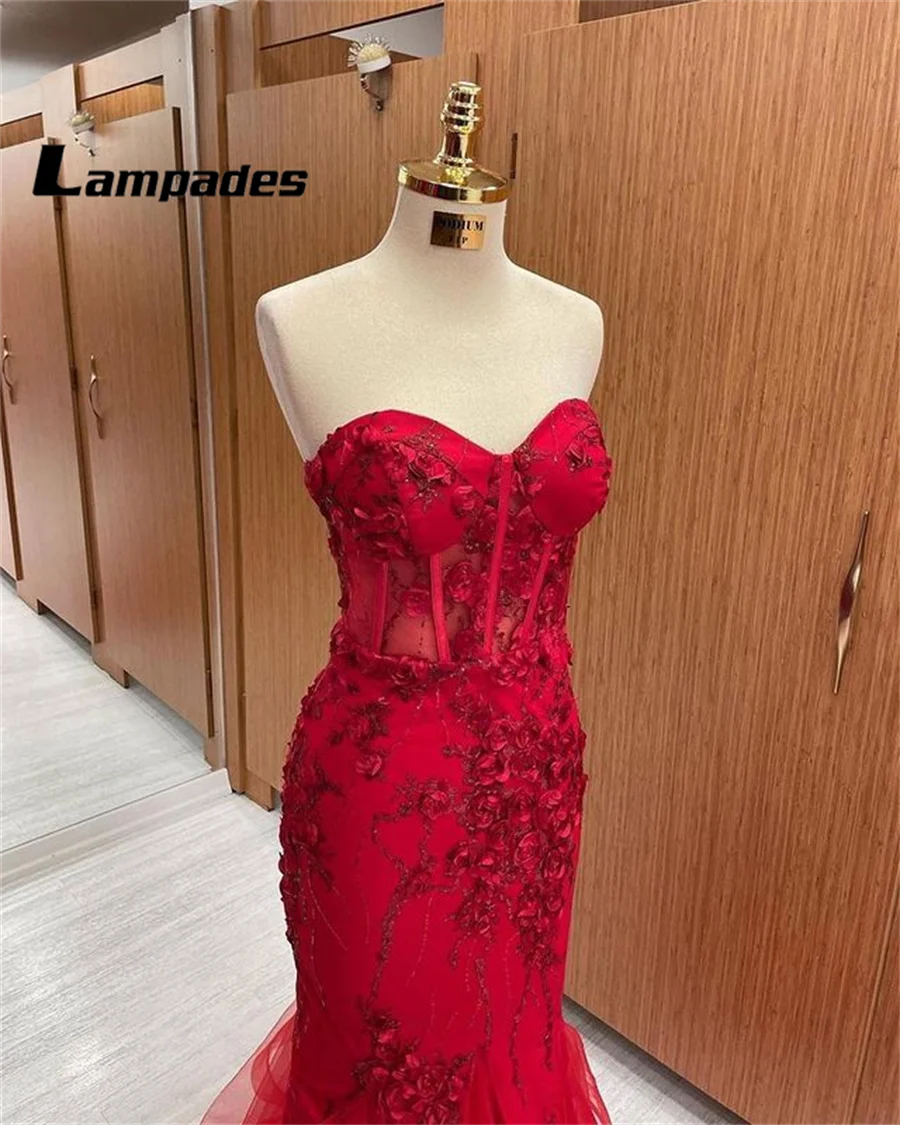Сияющее Красное платье для выпускного вечера в стиле Русалки с 3D Вышитыми Цветами на бретельках сзади для Эффектного выхода Abiti Da Sera 1
