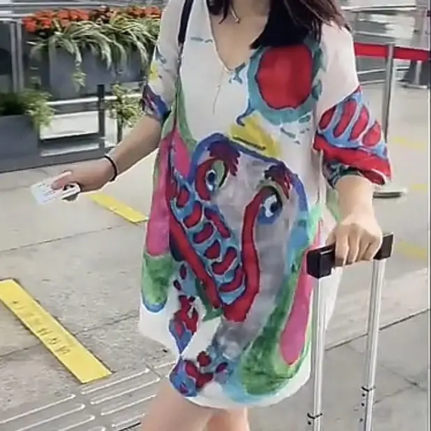 Темпераментная длинная футболка в западном стиле, женское платье han edition, свободное платье с v-образным вырезом и короткими рукавами, новое платье с граффити в виде слона 0