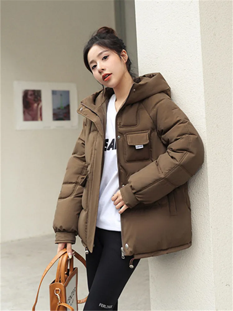 Толстое пальто, теплые повседневные парки, Корейская верхняя одежда, зимняя одежда, пальто на молнии, свободная зимняя куртка с хлопчатобумажной подкладкой с капюшоном, женская одежда 0