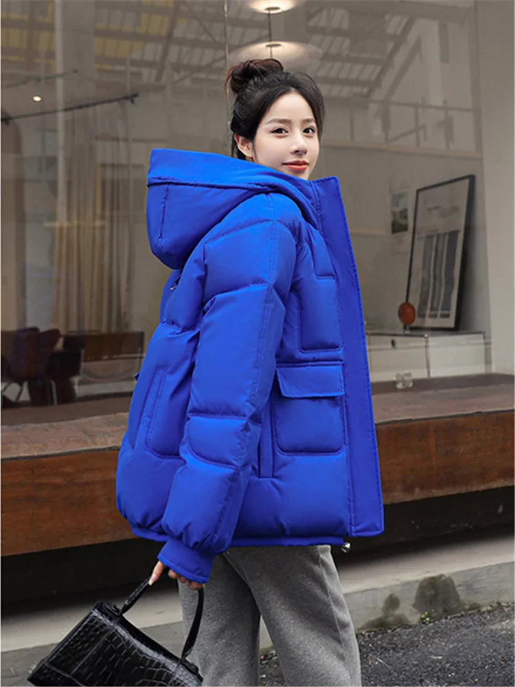 Толстое пальто, теплые повседневные парки, Корейская верхняя одежда, зимняя одежда, пальто на молнии, свободная зимняя куртка с хлопчатобумажной подкладкой с капюшоном, женская одежда 1