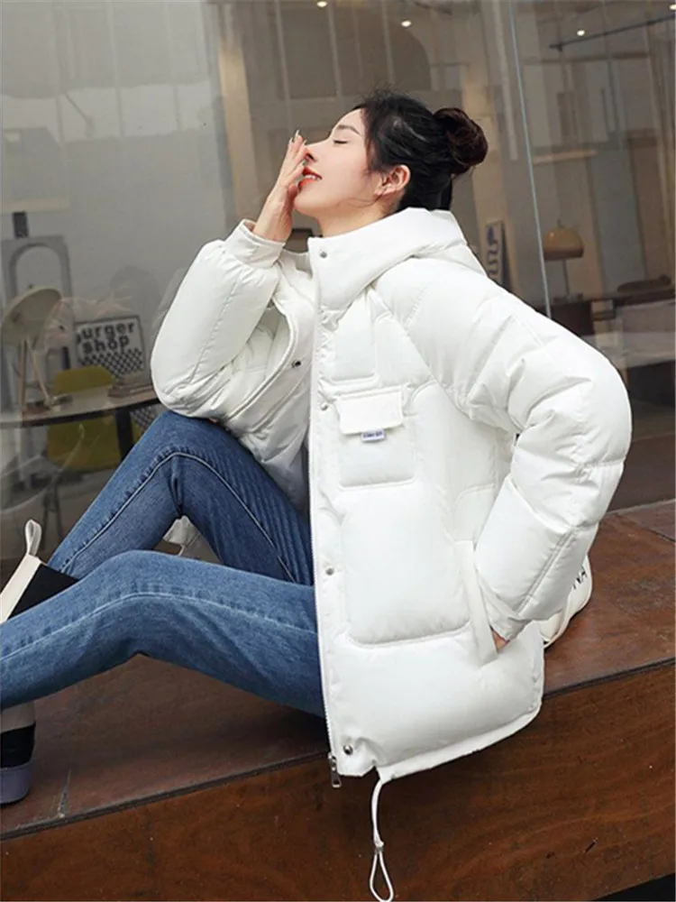 Толстое пальто, теплые повседневные парки, Корейская верхняя одежда, зимняя одежда, пальто на молнии, свободная зимняя куртка с хлопчатобумажной подкладкой с капюшоном, женская одежда 3