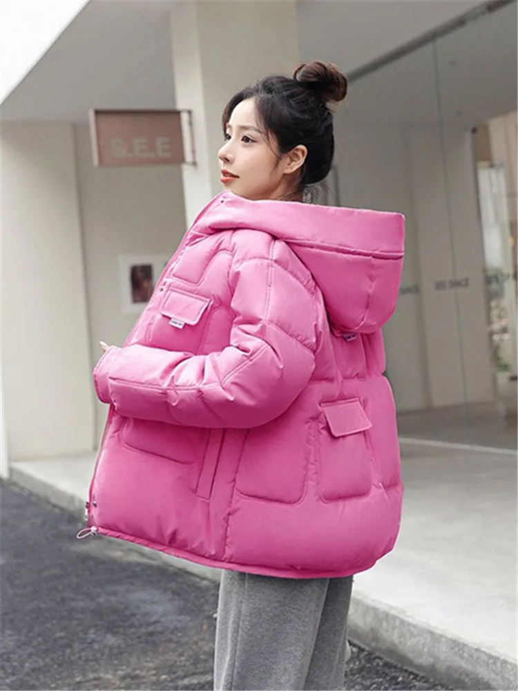 Толстое пальто, теплые повседневные парки, Корейская верхняя одежда, зимняя одежда, пальто на молнии, свободная зимняя куртка с хлопчатобумажной подкладкой с капюшоном, женская одежда 4